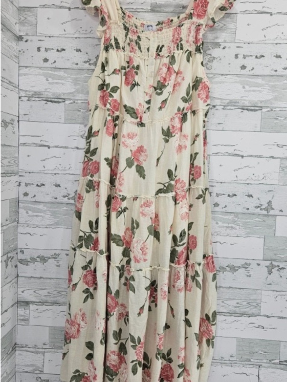 Smocked Floral Maxi Skirt - Cream with Pink Rose Print